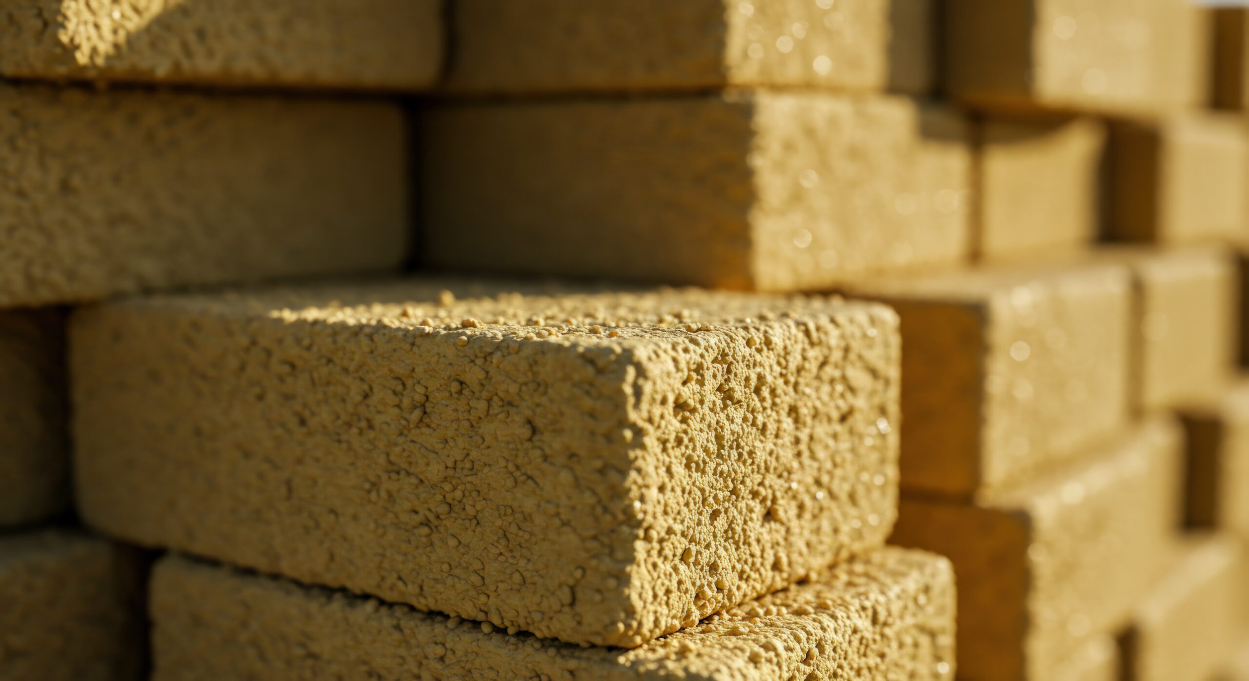 Close-up view showcases a stack of tan-colored bricks. The bricks exhibit a rough, textured surface, creating a visually interesting pattern. The color palette is dominated by earthy tan and beige tones. The bricks are arranged neatly in layers. The shot suggests building or construction material. Perfect for illustrating concepts like architecture, masonry, or home improvement. Can be used for various commercial or editorial purposes, such as articles, websites, or marketing materials related to construction and design.